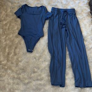 SHEIN Blue Ribbed Square-Neck Bodysuit & Drawstring Pants Set